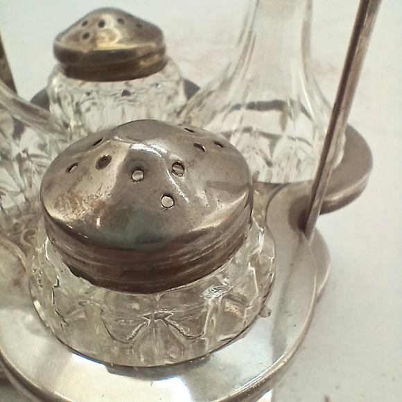 VTG Leonard Sheffield Silver Plate Crystal Caddy Salt Pepper Cruets Vinegar Oil - Picture 12 of 16